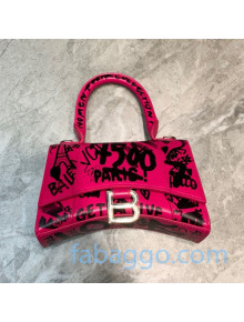 Balenciaga Hourglass Mini Top Handle Bag in Graffiti Smooth Calfskin Hot Pink/Silver 2020