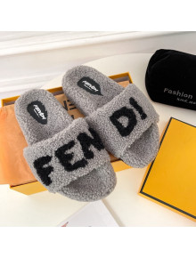 Fendi Logo Shearling Flat Slide Sandals Grey 2021