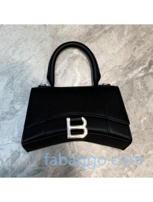 Balenciaga Hourglass Mini Top Handle Bag in Litchi-Grained Calfskin Black/Silver 2020