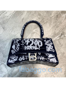 Balenciaga Hourglass Small Top Handle Bag in Graffiti Crocodile Embossed Leather Navy Blue/Silver 2020