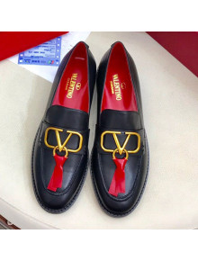 Valentino VLogo Calfskin Flat Loafers Black/Red 2019