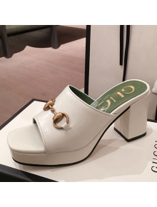 Gucci Leather Horsebit Mid-Heel Platform Slide Sandal ‎602390 White 2020