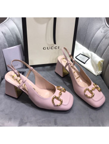 Gucci Mid-Heel Slingback Pumps with Horsebit Light Pink 2020