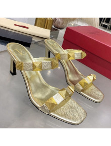 Valentino Rockstud Double Strap Heel Slide Sandals Gold 2021