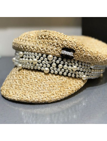 Chanel Straw Hat with Pearl Charm Khaki 2021