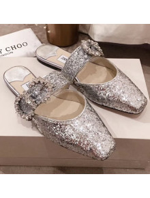 Jimmy Choo Gee Glitter Flat Mules with Crystal Buckle Silver 2019