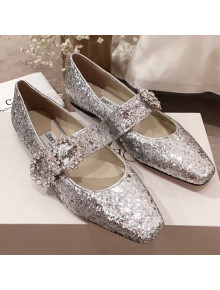 Jimmy Choo Goodwin Glitter Mary Jane Flat Ballerina with Crystal Buckle Silver 2019