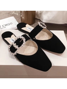 Jimmy Choo Gee Suede Flat Mules with Crystal Buckle Black 2019