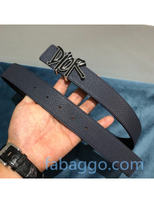 Dior DIOR AND SHAWN Leather Matte Belt 35mm with DIOR Logo Buckle Black/Blue 2020