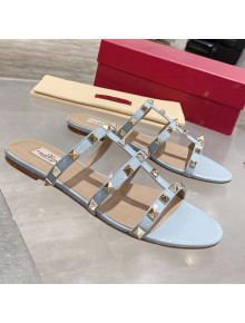 Valentino Rockstud Patent Leather Flat Slide Sandal Light Blue 2021