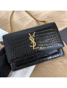 Saint Laurent Sunset Chain Wallet in Crocodile Embossed Leather 452157 Black/Gold 2019