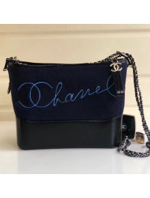 Chanel Embroidered Wool Calfskin Gabrielle Medium Hobo Bag A91824 Navy Blue 2018