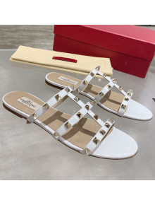 Valentino Rockstud Patent Leather Flat Slide Sandal White 2021