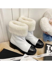 Chanel Shiny Leather and Wool Short Boots White/Black 2020