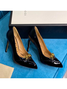 Gucci Glaze Leather Chain Pointed Pumps Black 2021