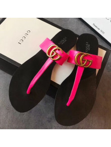 Gucci Leather Flat Thong Sandal with Double G 497444 Hot Pink 2018