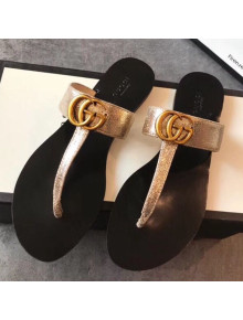 Gucci Leather Flat Thong Sandal with Double G 497444 Gold 2018