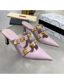 Valentino Roman Stud Calfskin Heel Mules with Sculpted Strap Purple 2021