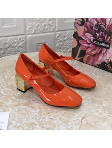 Dolce & Gabbana DG Patent Leather Mary Janes Pumps Orange/Gold 2021 111506