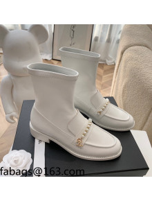 Chanel Leather Pearl Ankle Boots White 2021