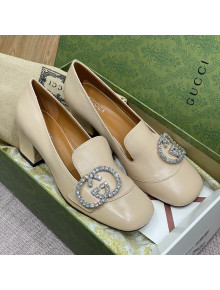 Gucci Leather Loafer Pumps 5cm with Crystal Double G Beige 2022