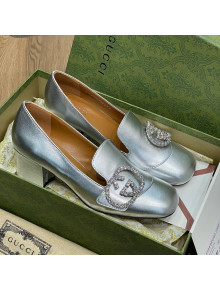 Gucci Leather Loafer Pumps 5cm with Crystal Double G Silver 2022