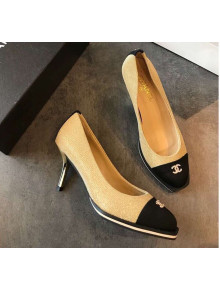 Chanel Logo Glitter Fabric Pumps Heel 70mm Gold/Black 2018