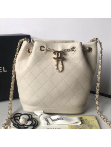 Chanel Quilted Leather Chain Drawstring Small Bucket Bag White 2019