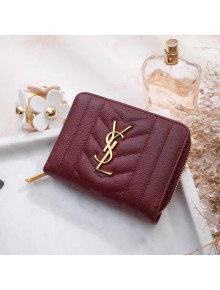 Saint Laurent Monogram Compact Zip Wallet in Textured Matelasse Leather 403723 Burgundy