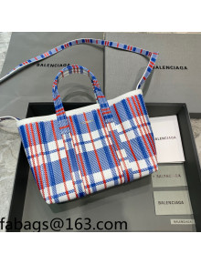 Balenciaga Barbes Small East-West Shopper Bag in Check Calfskin Blue/White/Red 2021