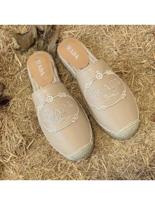 Prada Lambskin Logo Embroidered Espadrille Mules Beige 2021