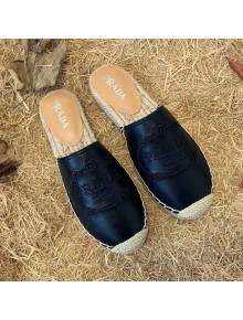 Prada Lambskin Logo Embroidered Espadrille Mules Black 2021