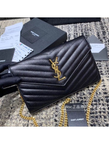 Saint Laurent Monogram Chain Wallet in Grained Leather 377828 Black/Gold