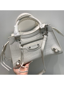 Balenciaga Neo Classic Matte Small Top Handle Bag in White Crocodile Embossed Calfskin 2020