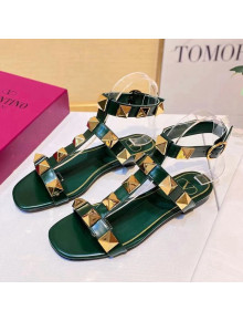 Valentino Roman Stud Calfskin Strap Flat Sandals Green 2021