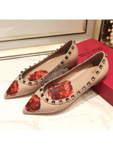 Valentino Rosy Printed Calfskin Rockstud Ballerina Nude 2020