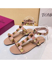 Valentino Roman Stud Calfskin Strap Flat Sandals Nude Pink 2021