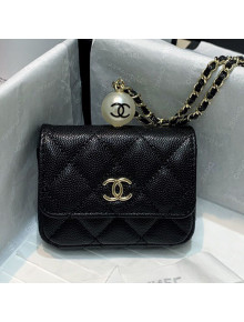 Chanel Iridescent Grained Calfskin Flap Coin Purse with Pearl and Chain AP2118 Black 2021