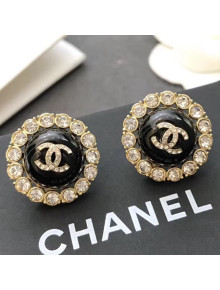 Chanel Crystal Pearl Round Stud Earrings Black 2019