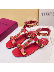 Valentino Roman Stud Calfskin Strap Flat Sandals Red 2021