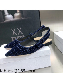 Dior J'Adior Slingback Ballerina Flat in Navy Blue Crocodile-Effect Embroidered Velvet 2021