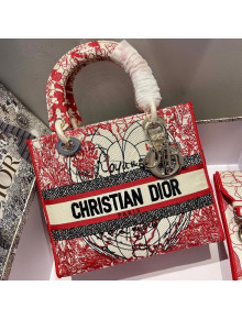 Dior Medium Lady D-Lite Bag in Red and White D-Royaume d'Amour Embroidery 2021