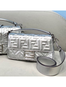 Fendi Baguette Medium FF Logo Lambskin Flap Bag Silver 2022