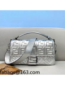 Fendi Baguette Large FF Logo Lambskin Flap Bag Silver 2022