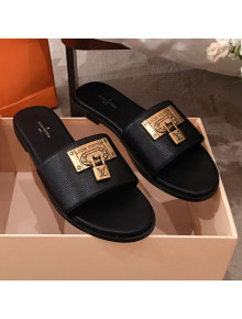 Louis Vuitton Lock It Flat Slide Sandals with Lock Charm Black Leather 2021