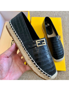 Fendi Crocodile Embossed Leather Espadrilles with FF Metal Buckle Black 2020