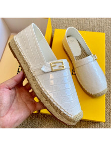 Fendi Crocodile Embossed Leather Espadrilles with FF Metal Buckle White 2020