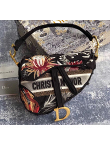 Dior Black Camouflage Embroidery with Multicolor Flowers Saddle Bag 2020