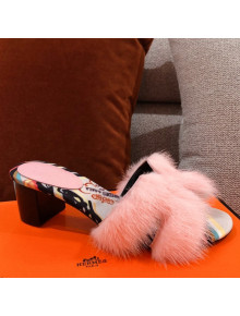 Hermes Oran Mink Fur Heeled Slide Sandals Light Pink 2021