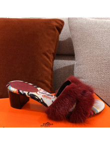 Hermes Oran Mink Fur Heeled Slide Sandals Burgundy 2021